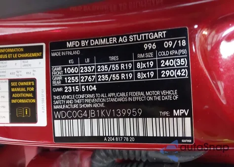 2019 Mercedes-Benz Glc 300 из США, поврежденный, VIN WDC0G4JB1KV139959